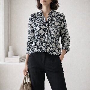 Black White Silk Floral Blouse Button Front Career Chic Size 16